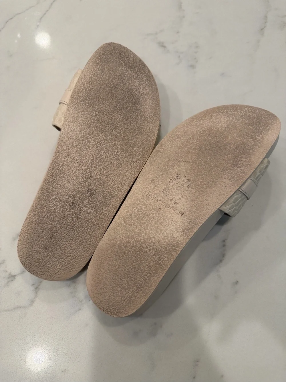 Tory Burch Cream Croc-Embossed Logo Slide Sandals